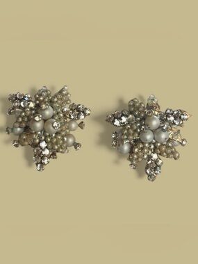 1950s Vendome Faux Pearl & Prong-Set Rhinestone Gold-Tone Clip-On Earrings
